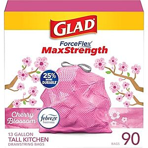 [SnS] $11.38* | 90-Count 13-Gal Glad ForceFlex MaxStrength Tall Kitchen Drawstring Trash Bags at Amazon