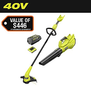 RYOBI 40V Cordless Battery 12 in. String Trimmer and 475 CFM 120 MPH Blower Combo Kit with 4.0 Ah Battery and Charger $179