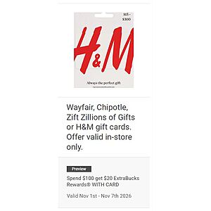 CVS B&M: 11/1-11/7 Buy $100 in Chipotle, H&M, Wayfair, or Zift Zillions Gift Card (possibly Amazon included on Zift) get $20 Extra Bucks