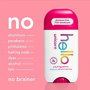 $6.97 get $3 Walmart Cash hello Unicorn Aluminum Free Deodorant, Vegan, 2.6 oz Stick Deodorant Shea Butter