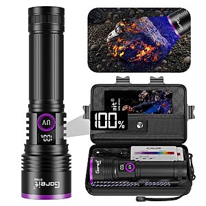 Goreit 365nm UV Black Light Flashlight Rechargeable with Filter Lens & LCD Display | 4-Core LED, 30w Powerful Blacklight $15.96