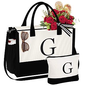 2-Piece YOOLIFE Personalized Initial 17" Canvas Tote Bag and Matching Makeup Bag Set (White/Black) from $11.71 + Free Shipping w/ Prime or on $35+