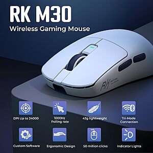 RK ROYAL KLUDGE RK M30 Wireless Gaming Mouse, 24000 DPI, 43g Ultra-Lightweight, PAW3311 Sensor, 2.4G/Bluetooth/USB-C Rechargeable Wireless Mouse $14.99