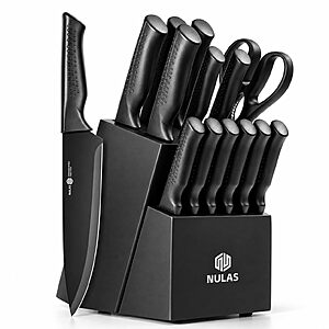 Nulas 15-Piece German Stainless Steel Knife Set with Block and sharpener - $29.99 after coupon