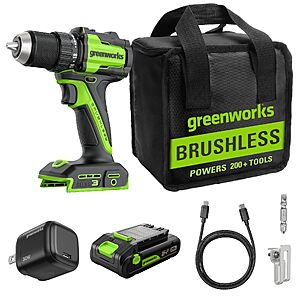 GREENWORKS 24V 1/2" Brushless Cordless Drill (400 In-lbs.), 2.0Ah (12,000mAh Power Bank) USB-C Batteries, 3.3 FT Braided Cable $54.99