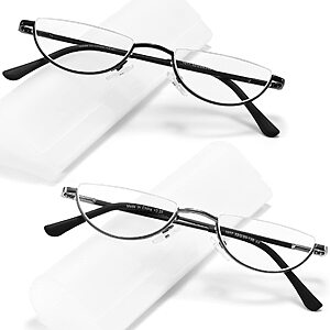 TOVEEN 2 Pack Half Lens Reading Glasses Blue Light Blocking, Half Moon Frame Semi Rim Spring Hinge Readers with Case for Men Women Black/Gunmetal +2.0 $10.99
