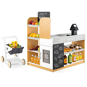Costway Kids Pretend Play Grocery Store Set with Shopping Cart and 2 Chalkboards $96.99 + Free Shipping