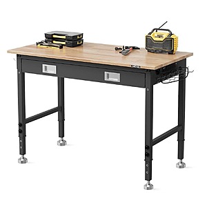 48 in. x 24 in. Adjustable Height Rubberwood Workbench with Drawer, Pegboard and Power Outlets - $119.99