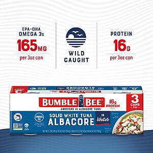 $3.04 or less S&S 10% off Q Bumble Bee Solid White Albacore Tuna in Water, 3 oz (Pack of 3)