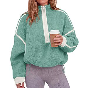 KIRUNDO Womens Half Zip Fleece Pullover Sherpa Jacket Fuzzy Sweatshirt Quarter Zip Cropped Jackets With Drawstring $27.49