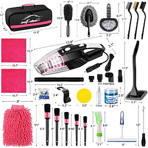 AUTODECO 39Pcs Car Cleaning Kit, Interior Detailing Kit with High Power Handheld Vacuum, Detailing Brush Set, Windshield Tool, Pink Complete Auto Accessories $23.79