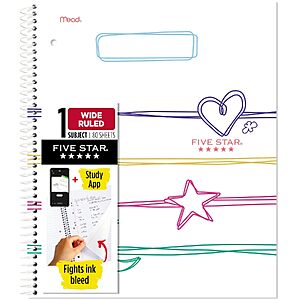 80-Sheets Five Star 1-Subject Wide Ruled Spiral Notebook (Pastel Doodles) $2.54 + Free Shipping w/ Prime or on $35+