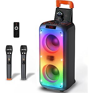 Hukkmela Portable Karaoke Machine PA Speaker w/ 2 UHF Wireless Microphones & LED Lights (Black) $99.99 + Free Shipping