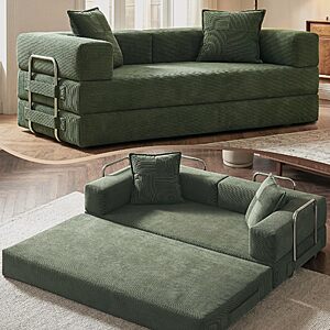 78" 5-in-1 Convertible Futon Sofa Bed, Boneless Corduroy, Green $249.99