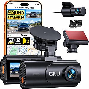 GKU 4K Front & 1080P Rear Dual Dash Cam w/ Sony STARVIS 2 Sensor, WiFi 6, GPS, Voice Control & 64GB Card $59.99 + Free Shipping