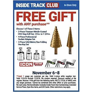 Harbor freight free gift weekend November 6-8 Inside Track Members with any purchase