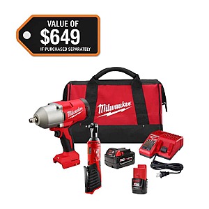 Milwaukee M12/M18 12/18V Lithium-Ion Cordless 3/8 in. Ratchet and 1/2 in. High Torque Brushless Impact Wrench with Friction Ring Combo Kit $299