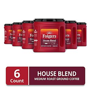 $52.48 or less S&S, Clip Q Folgers House Blend Ground Coffee, Medium Roast, 6 (25.9 Oz.) Canisters
