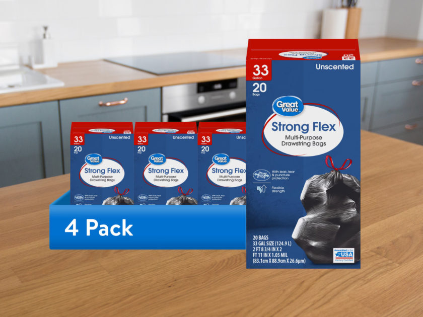 Great Value Strong Flex 33 Gallon Trash Bags 4-Pack Only $21 at Walmart (Reg $38)