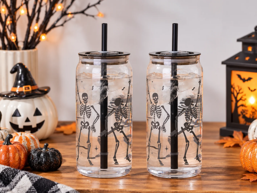 Way to Celebrate Halloween Dancing Skeleton Glass Can Sipper Tumbler 2 Pack Only $5 at Walmart!