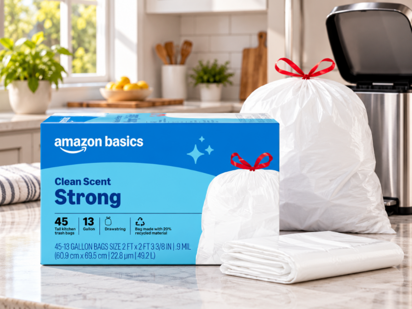 45-Count Amazon Basics 13-Gallon Tall Kitchen Drawstring Trash Bags Only $4.xx on Amazon
