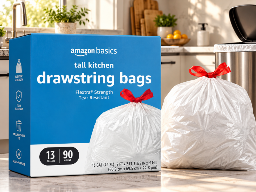 Amazon Basics Flextra Tall Kitchen Drawstring Trash Bags, 13 Gal 90 Ct Only $7.xx on Amazon (Reg $14)