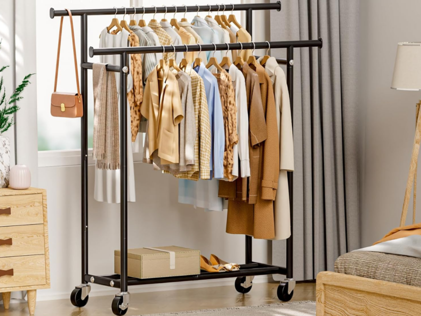 HYSEYY Double Rods Rolling Clothing Rack Only $15.xx on Amazon (Reg $60)