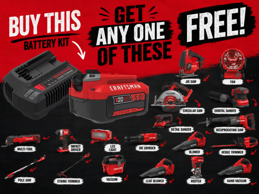CRAFTSMAN V20 20 -Volt 5 Ah 1 -Pack Lithium Ion Battery Kit on Sale for $89 + FREE Tool (Up to $109 Value)